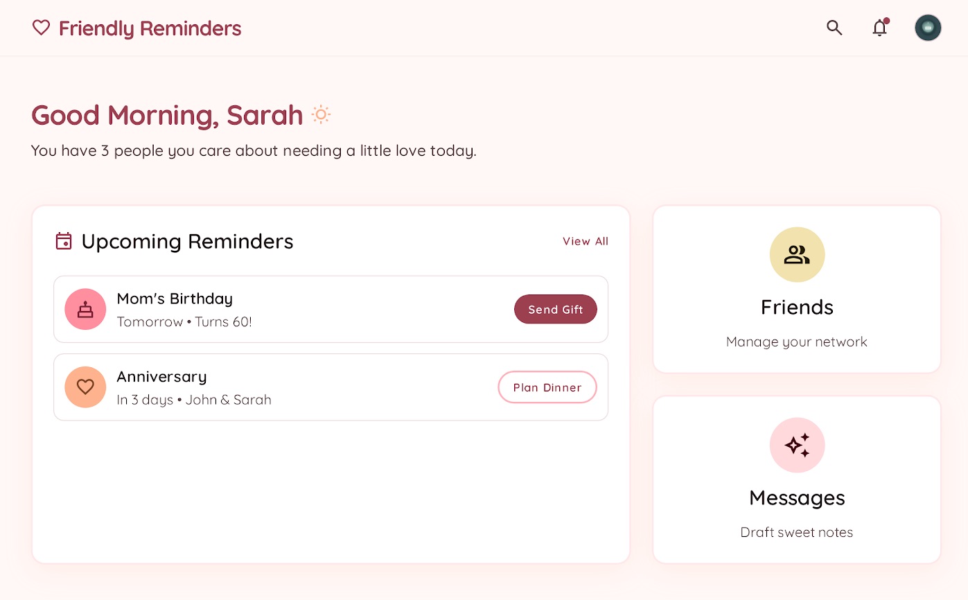 Friendly Reminders dashboard with upcoming reminders, friends, and message drafts